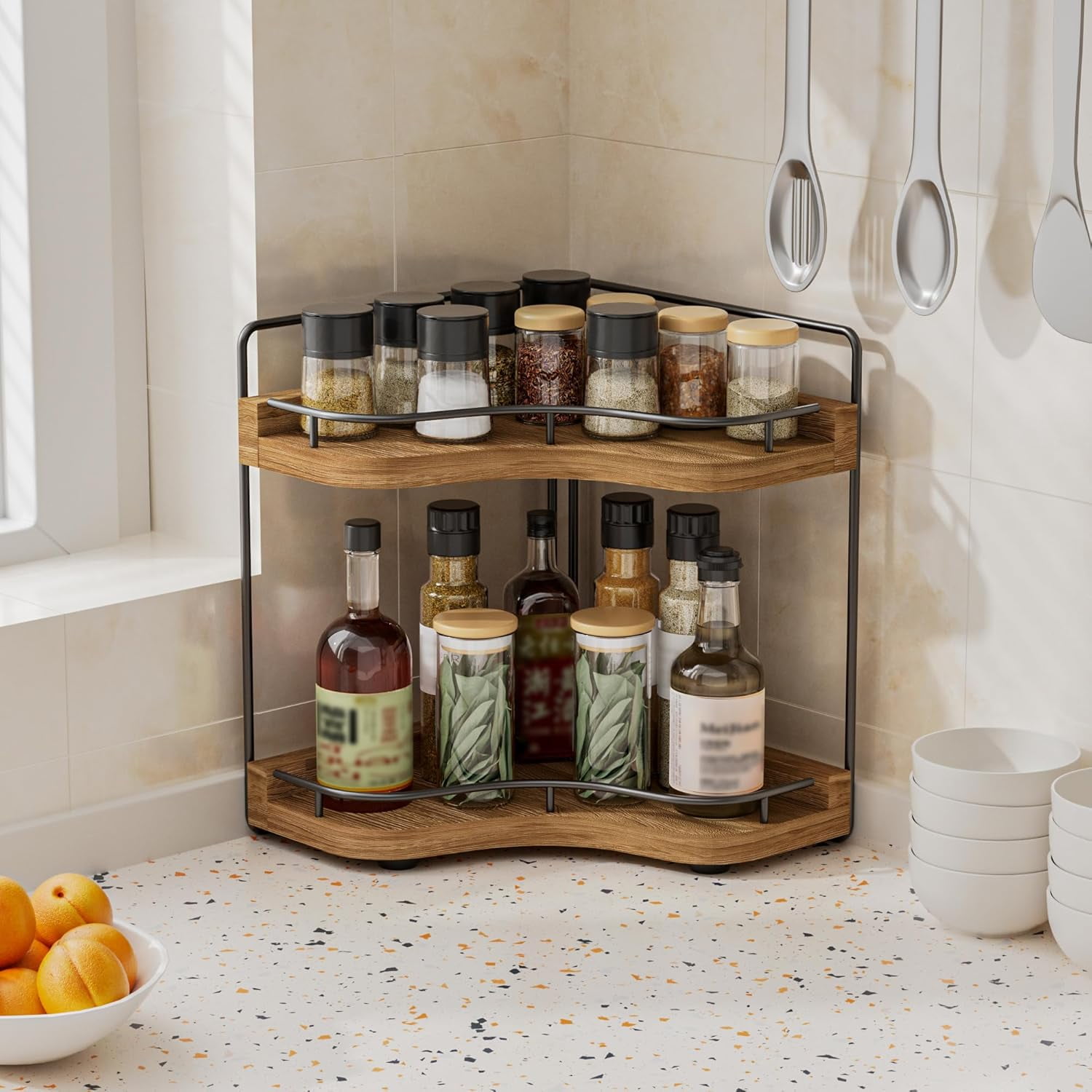 JDNRXO 2-Tier Corner Bathroom Counter Organizer with Embedded Screw Holes, Secure & Stable Wood Vanity Shelf for Makeup and Skincare Essentials - Space Saving Bathroom Countertop Storage
