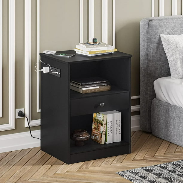 Nightstand with Charging Station and Drawer, End Side Table with USB