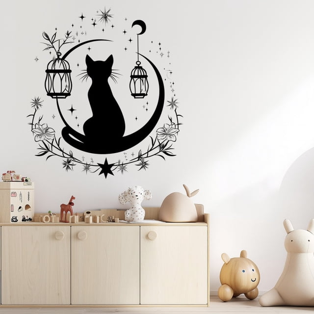 Adhesivos de pared de PVC con diseño de gato negro, luna y flor