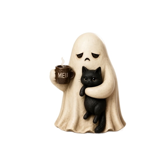 Halloween Ghost Figurine, Resin Spooky Ghost Holding Black Cat with Coffee Cup, Cute 4.7 inch Vintage Desktop Decoration, Ideal for Home Indoor Halloween Party Display Holiday Tiered Tray Decor