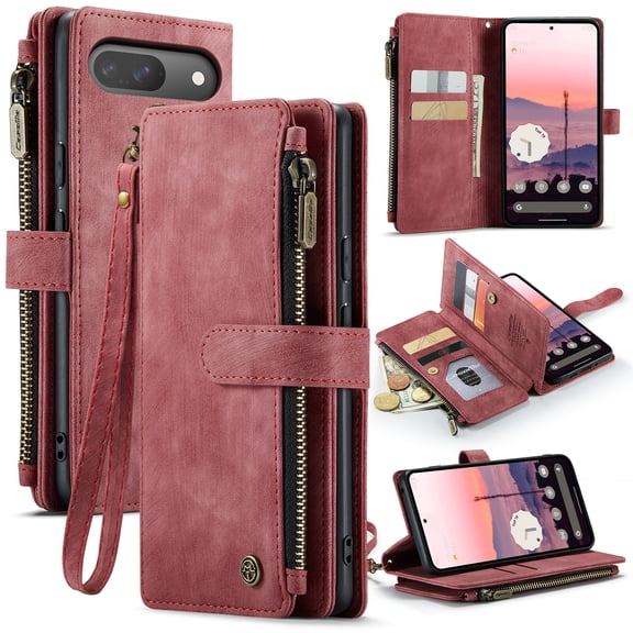 For Google Pixel 9 Wallet Case with Card Slots, Leather Detachable Wristlet Strap 3-in-1 Zipper Pocket and Magnetic Flip Folio, RFID Blocking Card Holder Stand Case for Women and Men,Red