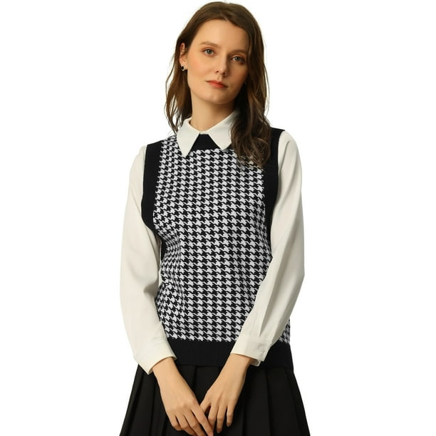 Chaleco de cuello redondo para mujer, sin mangas, de pata de gallo, tejido a cuadros, suéter de punto Negro L
