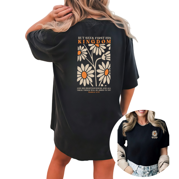 Giffimy Women's "Seek First His Kingdom" Matthew 6:33 Floral Christian Graphic Short Sleeve T-Shirt Casual Cotton Crewneck Top