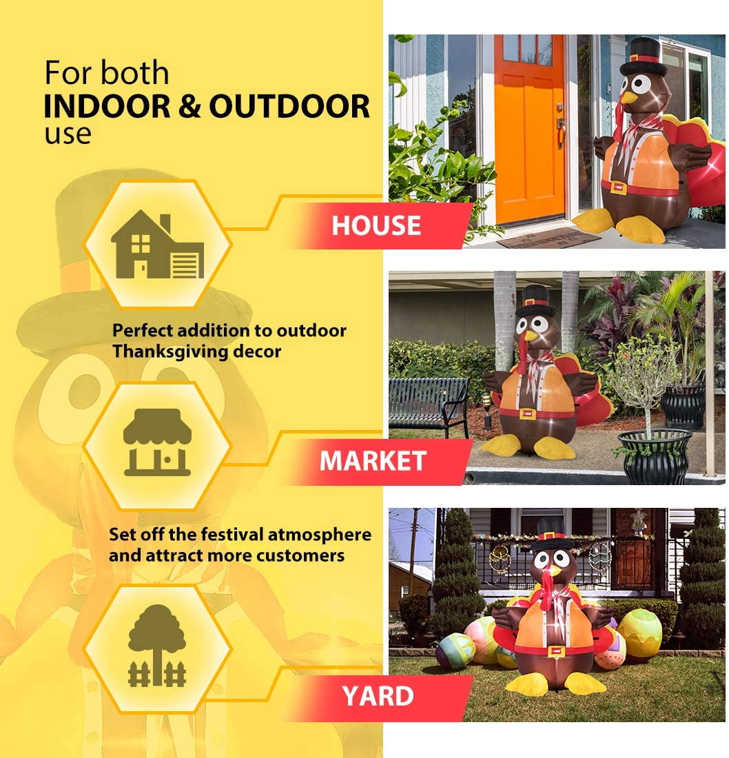 SPECSTAR5ft Height Thanksgiving Inflatable Lighted Turkey with Hat Blow up Outdoor Lawn Yard Decoration