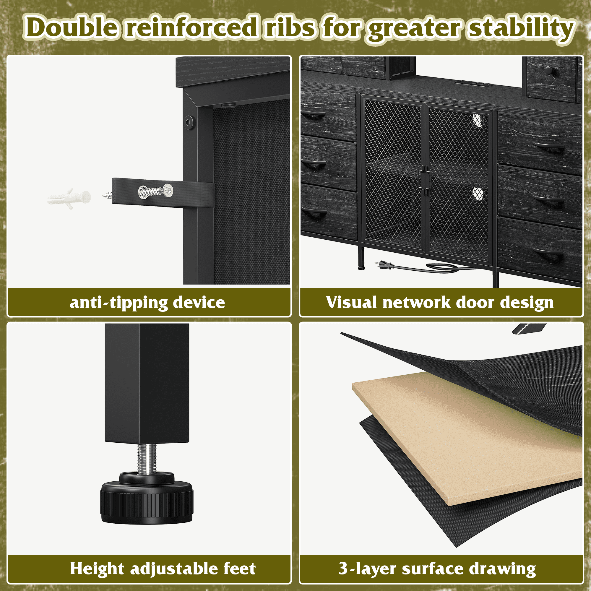 Romorgniz Dresser for Bedroom with 10 Fabric Drawers & Mesh Door 55" Long Dressers & Chest of Drawers with LED Lights & Charging Station for Living Room, Black