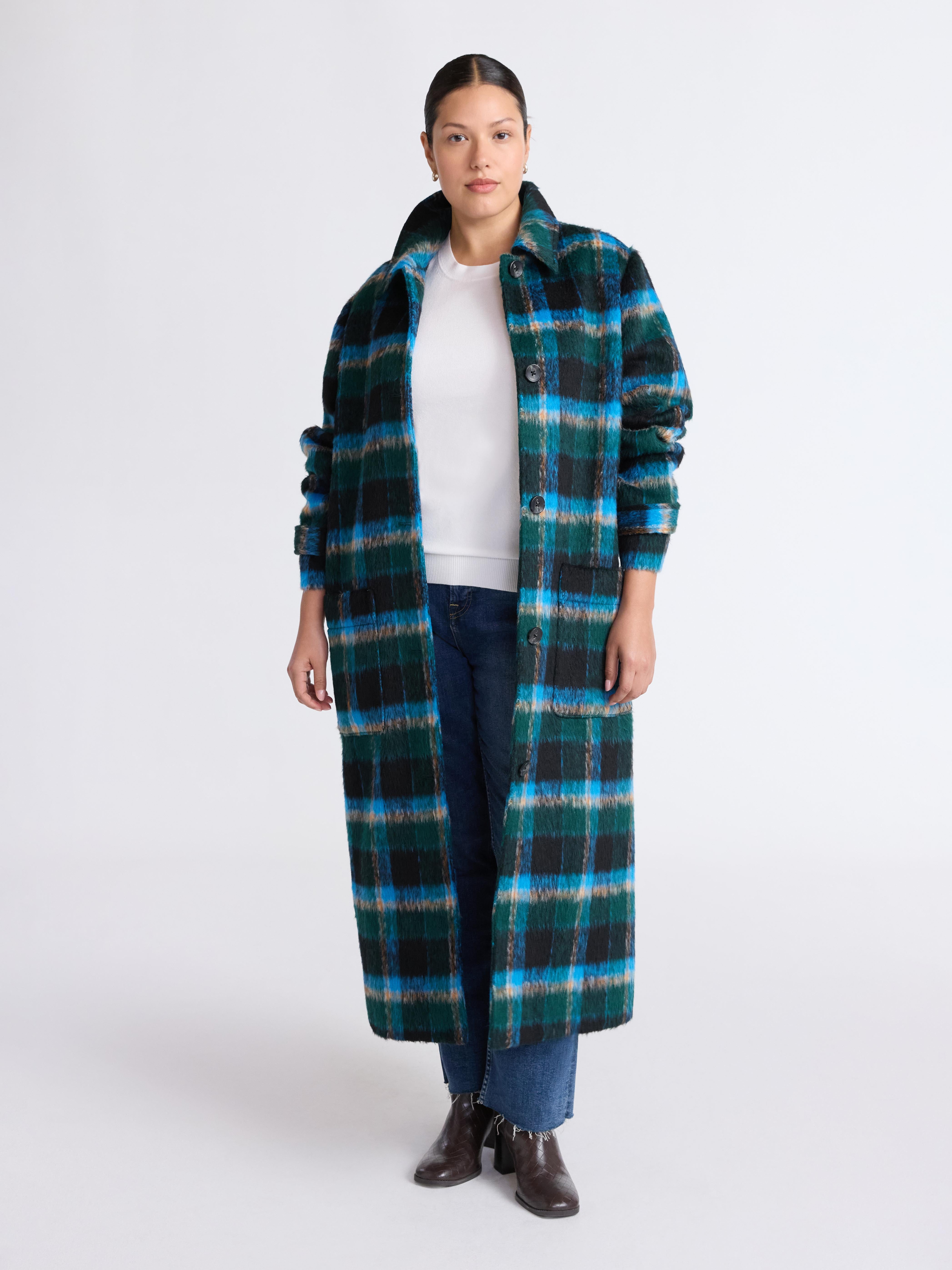 【Checked Pattern Wool Blend Coat Sサイズ Free Assembly Women's and Women's Plus Plaid Wool Blend Long