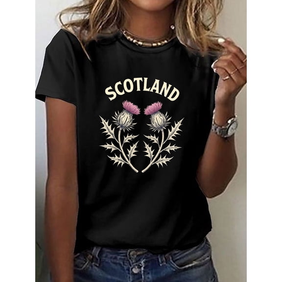Womens Scotland Thistle Floral Graphic Short Sleeve T-Shirt Crew Neck Summer Top