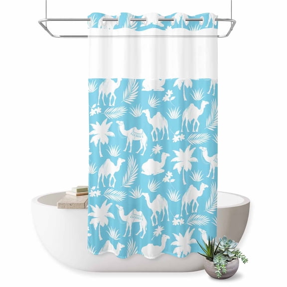 No Hook Shower Curtain, Tropical Plants Shower Curtains for Bathroom with See Through Top Window, Summer Modern Abstract Camels Sky Blue Waterproof & Washable Bath Curtain Narrow 54"x78"