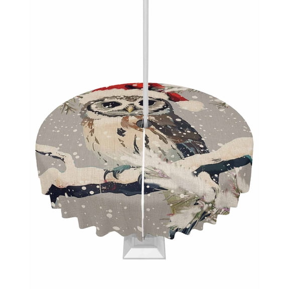 Fsddascl Gray Owl Christmas Outdoor Tablecloth - 54 Inch Round Dining Table Cover, Xmas Snowflake Botanical Vintage Waterproof Outdoor Table Cloth with Umbrella Hole & Zipper for Picnic/Patio/Party
