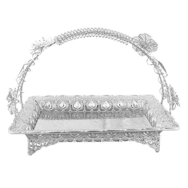 Oleegame 1PC Picnic Trays For Food Gold Decorative Tray Service Tray With Long Handle Mini Fruit Basket Metal Serving Tray For Breakfast Coffee Tea Snacks Silver