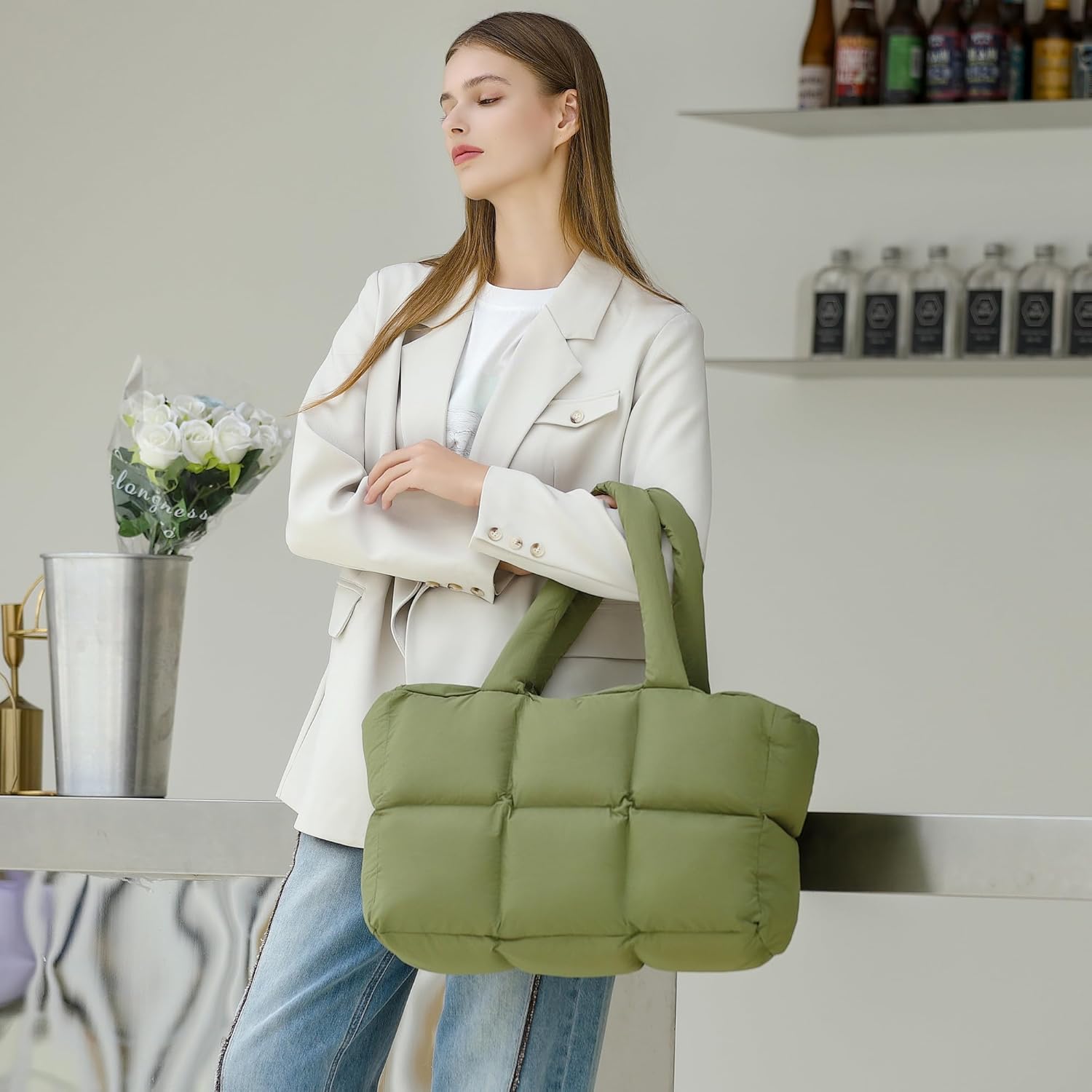 JennyShop Large Capacity Fashion Quilted Puffy Handbag, Herald Puffer Tote Bag for Women, Lightweight Satchel Purse for Working Travelling Gym Shopping