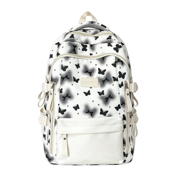 Pink Butterfly Print Backpack for Teen Girls, Cute Aesthetic Kawaii School Bookbag, Lightweight Water Resistant Nylon Casual Daypack for Middle High School Back to School Travel