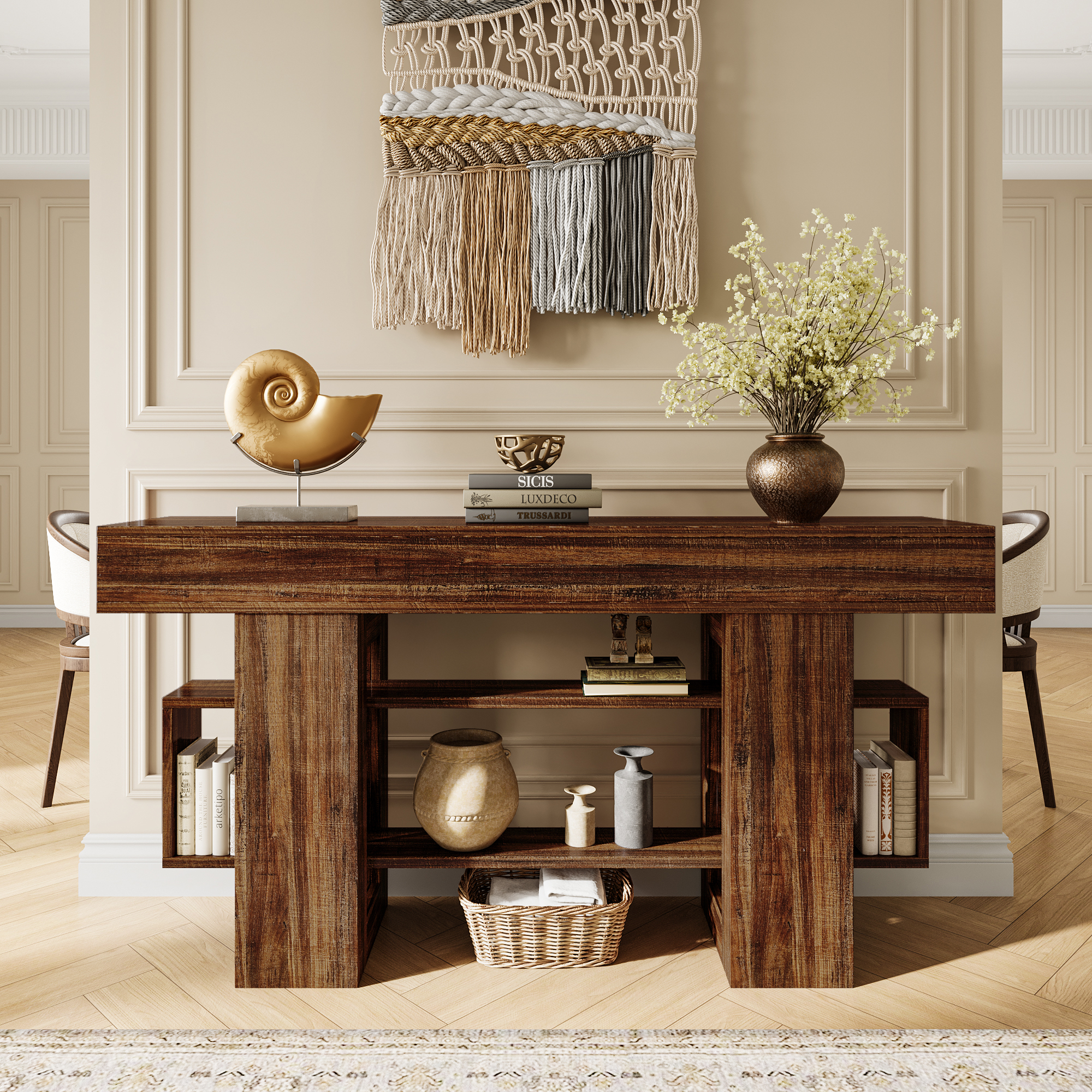 Einhomn 63" Farmhouse Wood Console Table, Modern Entryway Table with Open Storage for Behind Couch, Living Room