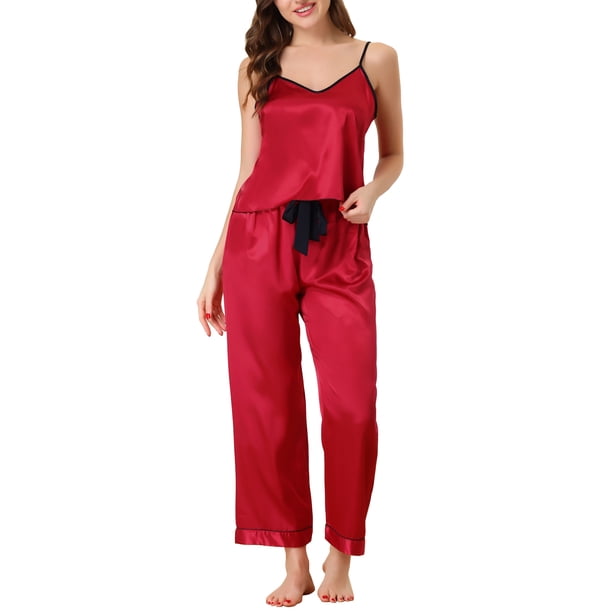Conjuntos de pijama de satén para mujer INSPIRE CHIC, top de tirantes, pantalones palazzo con una máscara para dormir, 3 piezas, ropa de dormir de seda, XL, rojo
