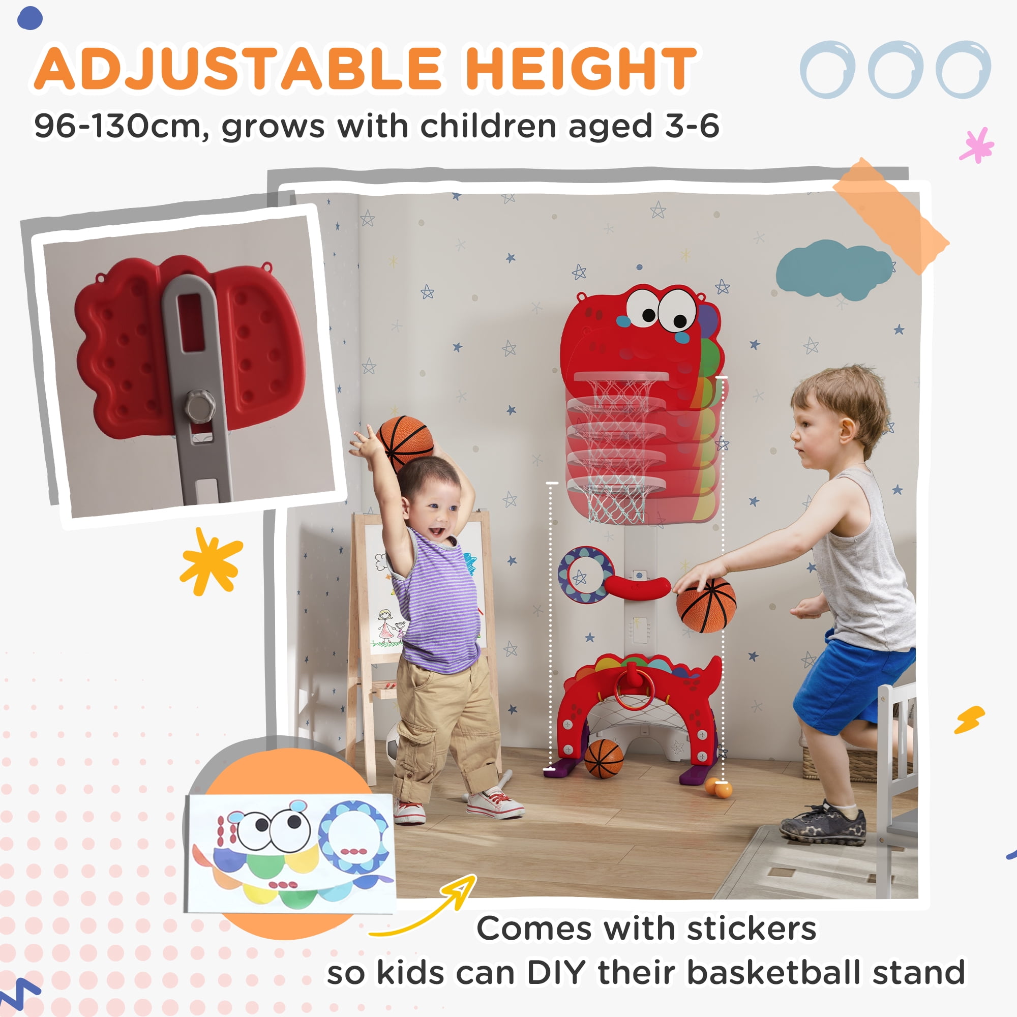 5-in-1 Kids Basketball Hoop, Toddler Sports Activity Center, 5 Level Adjustable Height Basketball Goal with Soccer, Golf, Ring Toss & Throw Ball Game for Boys Girls 3-6 Years Indoor, Red