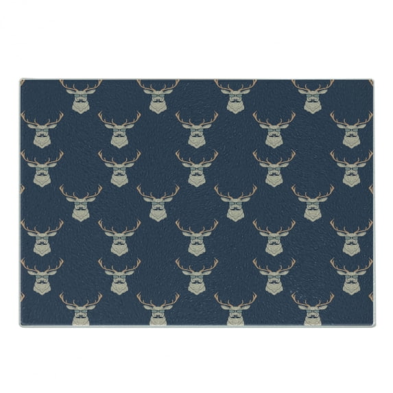 Deer Cutting Board, Hipster Inspired Antlers Glasses Mustaches Funny Animal Pattern Woodland Vintage, Decorative Tempered Glass Cutting and Serving Board, Small Size, Slate Blue Tan, by Ambesonne