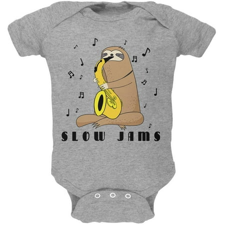 

Sloth Slow Jams Funny Pun Saxophone Soft Baby One Piece Heather 0-3 M