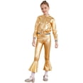 thumbnail image 3 of MSemis Kids Girls Metallic Jazz Hip Hop Disco Jacket Coat with Flared Pants Dress Up Gold 16, 3 of 7