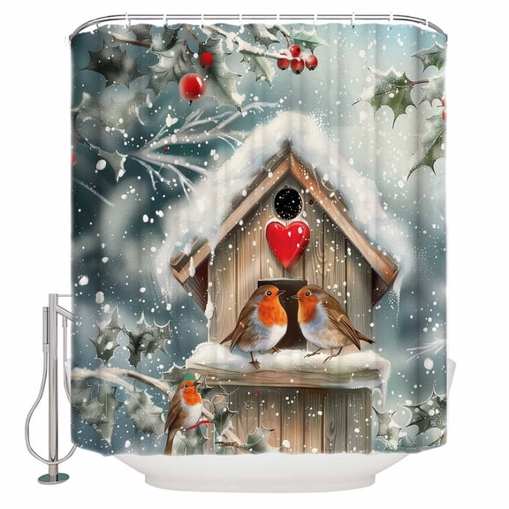 Fabric Shower Curtain Winter Christmas Robin Snowflakes Holly Snow Scene Shower Curtains with 12 Hooks Waterproof Machine Washable Bath Curtains for Bathroom, 36 x 78in