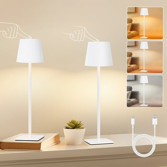 OUTON Lot de 2 Lampes de Table Sans Fil, 3 Couleurs à Gradation Continue, Lampe de Bureau DEL Rechargeable avec Commandes Tactiles pour Restaurant/chambre/bars/extérieur (Blanc)