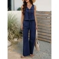 thumbnail image 4 of Womens 2 Piece Outfits V Neck Tie Waist Vest and Wide Leg Casual Pants Sets Navy Blue L, 4 of 9