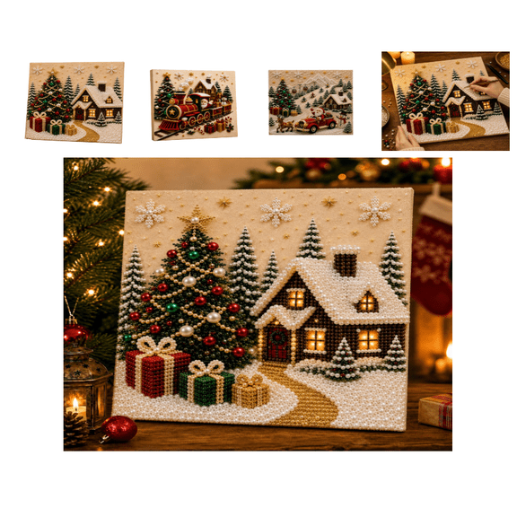 Premium 3D Pearl Christmas Wall Art Kit,DIY Christmas Pearl Diamond Painting Art Kit,Canvas DIY Pearl Bead Art Craft Set,Large Wall Art for Adults,Christmas Home Decor Gift(Cozy Christmas Cottage)