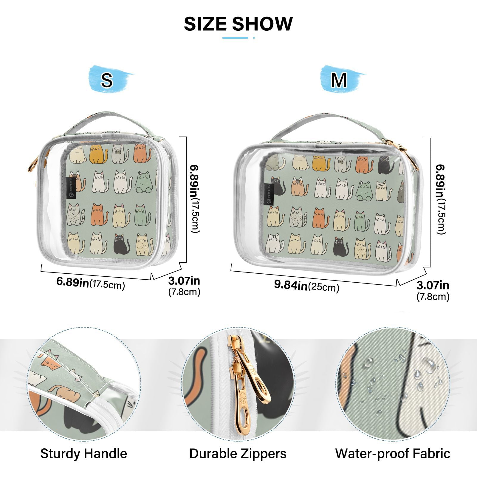 Clear Makeup Bags with Handle Large Opening 2 Pack Set Toiletry Bag Quart Size Bag, for Women Man Traveling Travel Essentials, Toiletries and Other. Cute Cat Sketch