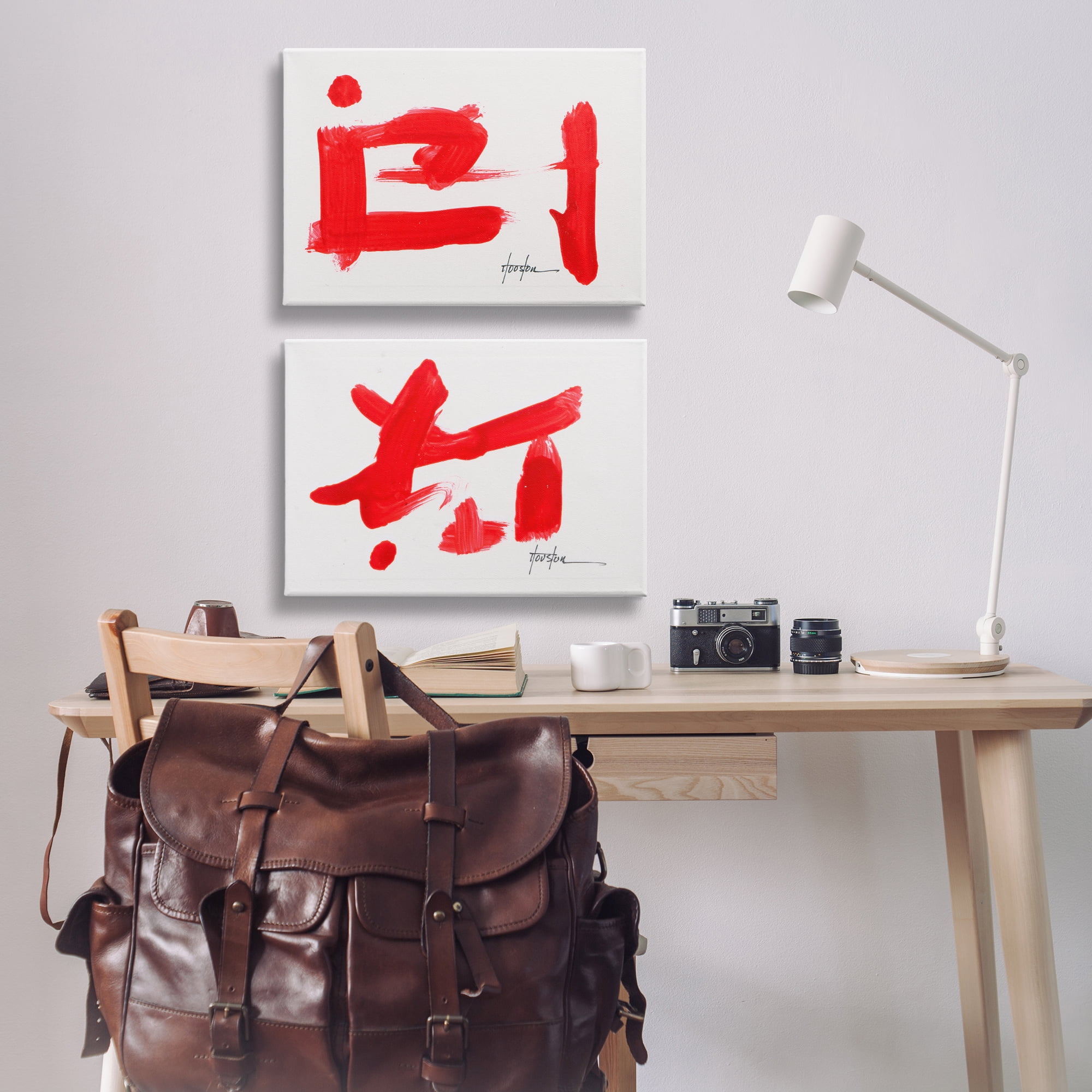 Stupell Industries Red Symbolic Characters Abstract Painting Wrapped Canvas Art Print Wall Art, 24 x 16, Set of 2