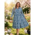 thumbnail image 6 of CASSIE LIZ Womens Plus Size Dresses 4X V Neck Floral Print Blue Maxi Dress with Elastic Waist Curvy Silhouette with Pockets Long Sleeve Romantic Boho With Buttons Dress 4XL 24W 26W, 6 of 7