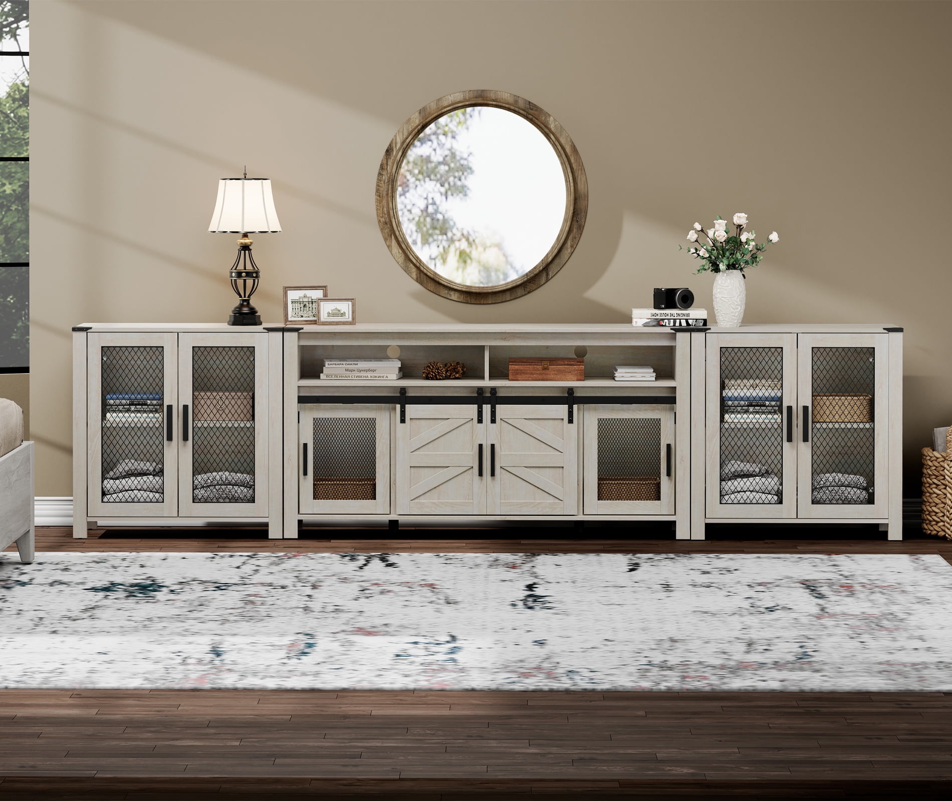 WAMPAT 2 in 1 TV Stand set for ups to 100 inch TV,Farmhouse Entertainment Center with Sliding Barn Door,Media TV Console Table with Adjustable Shelf for Living Room Bedroom，Antique White
