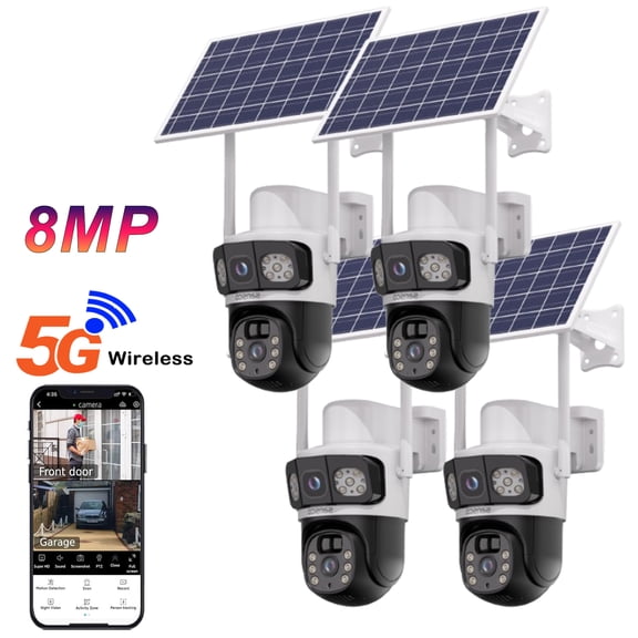 Sansco 4K Dual Lens Solar Security Cameras Wireless Outdoor 4 Pack, 8MP 360° View Pan/Tilt Home Security Camera with Color Night Vision, Easy to Install, PIR Alarm, 2.4GHz 5GHz WiFi, Waterproof