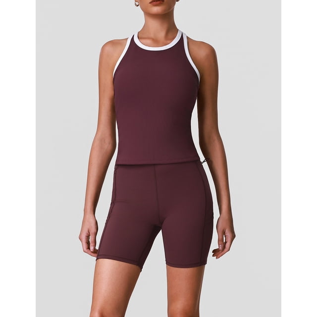 PISONIC Women 2 Piece Retro Contrast Trim Workout Set, Ribbed Racerback Tank Top & High Waist Butt Lifting Biker Shorts with Multi Pockets, Quick Dry Stretch Yoga Cycling Gym Activewear Outfit