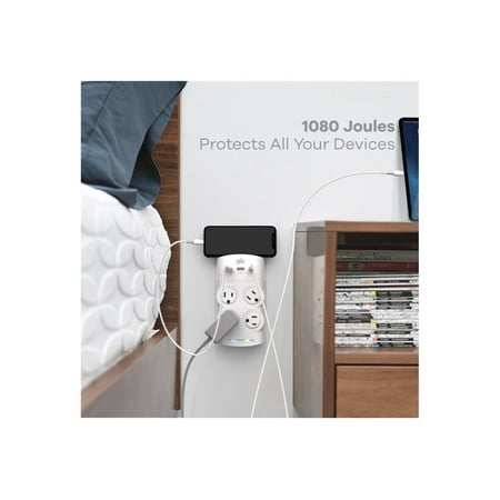 360 Electrical - Revolve45, 4 Rotating Outlets/2 USB-A and 1 USB-C 1080 Joules Surge Protector - White