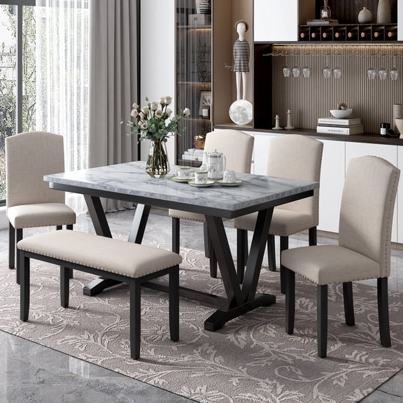 Euroco 6-Piece Dining Table Set for 6, 60" Modern Kitchen Table with 4 Upholstered Chairs & 1 Bench, Wood Dining Set with V-Shaped Table Legs for Kitchen, White