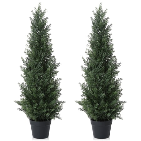 DR.Planzen Artificial Cedar Tree 2 Pack 3 ft Outdoor Artificial Topiary Cedar Plants Fake Tree UV Rated Potted Plants for Porch Decor Faux Pine Tree for Perfect Housewarming Gift