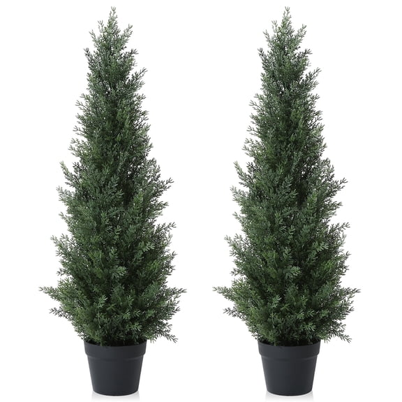 DR.Planzen Artificial Cedar Tree 2 Pack 3 ft Outdoor Artificial Topiary Cedar Plants Fake Tree UV Rated Potted Plants for Porch Decor Faux Pine Tree for Perfect Housewarming Gift