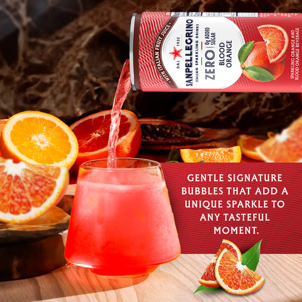 Sanpellegrino Italian Sparkling Drink, Zero Sugar, Aranciata Rossa, Orange & Blood Orange, 12 Cans