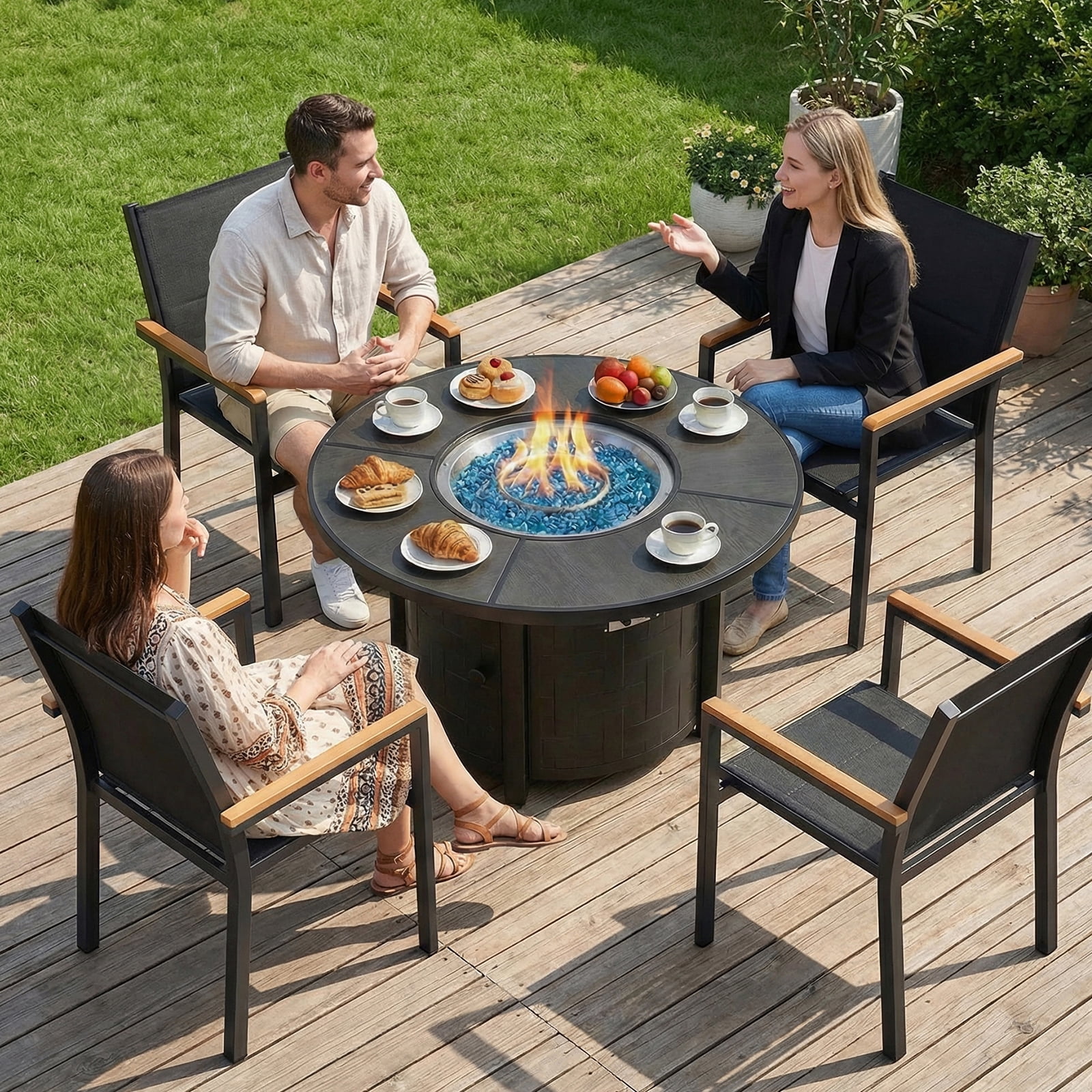 LIFERUN Propane Fire Pit Table 42 in, with Waterproof Cover, Blue Stone and Lid, 50,000 BTU Auto-Ignition Round Gas, for Outside Patio