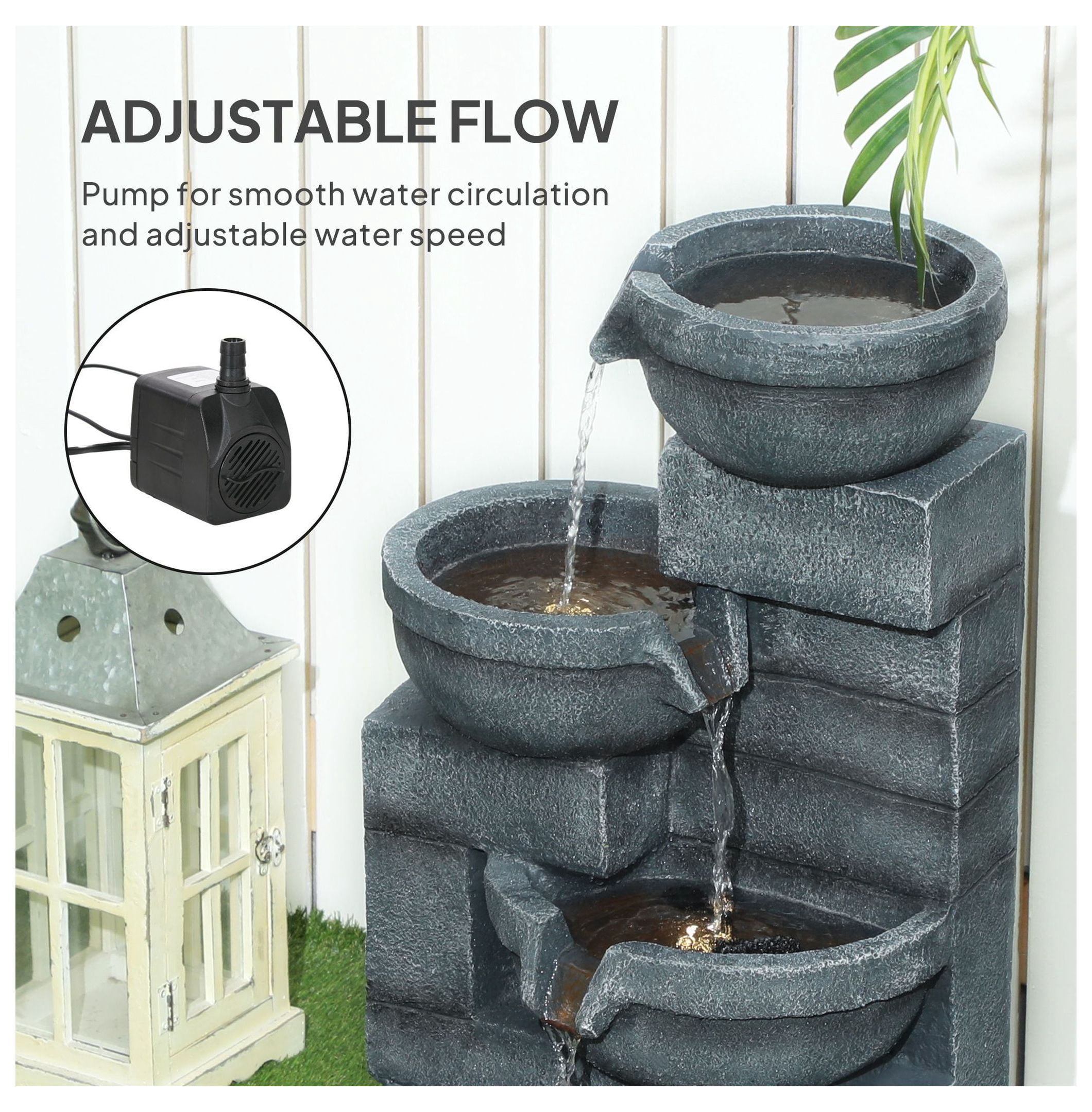 Outdoor Water Fountain 30" LED, 4-Tier Cascading Fountain for Garden, Patio, Backyard - Resin Waterfall Feature with Pump, Gray