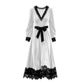 thumbnail image 5 of Ygbgbb Women's Long Sleeve V‑Neck Midi Dress, Lace Trim Bow Waist Medieval Gothic Dress for Halloween Cosplay Themed Parties White L, 5 of 5