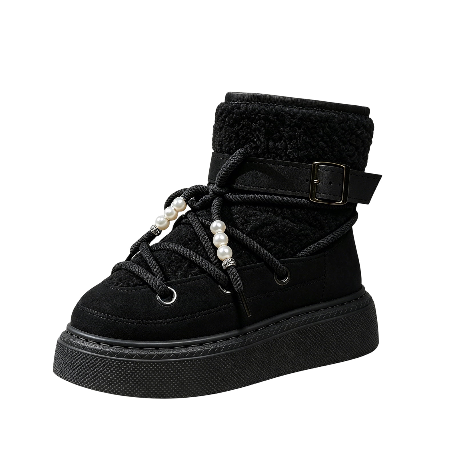 HTHLVMD Faux Fur Lined Walking Shoes, Buckle Strap Boots, Women's