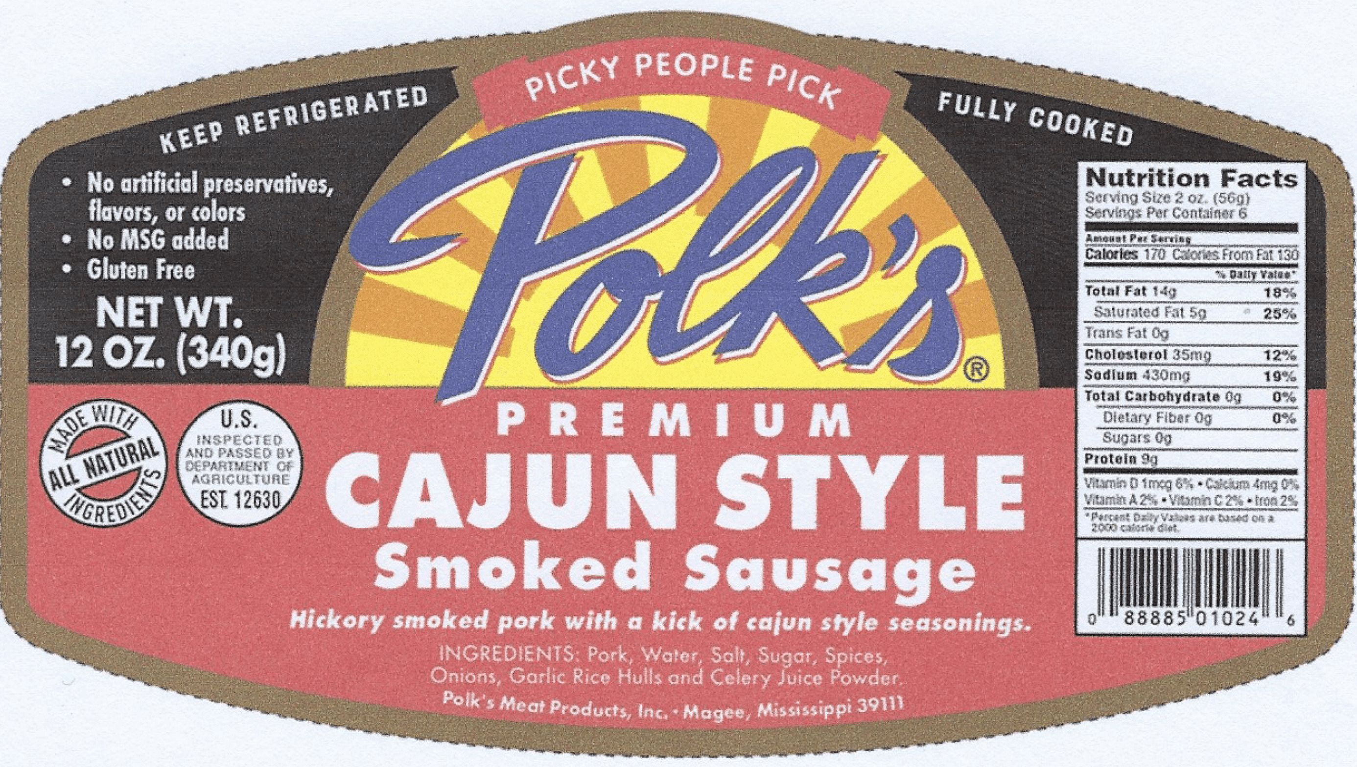 Polk's Premium All Natural Cajun Smoked Sausage Links, Made with Pork, Fully Cooked, Keep Refrigerated, 12 oz