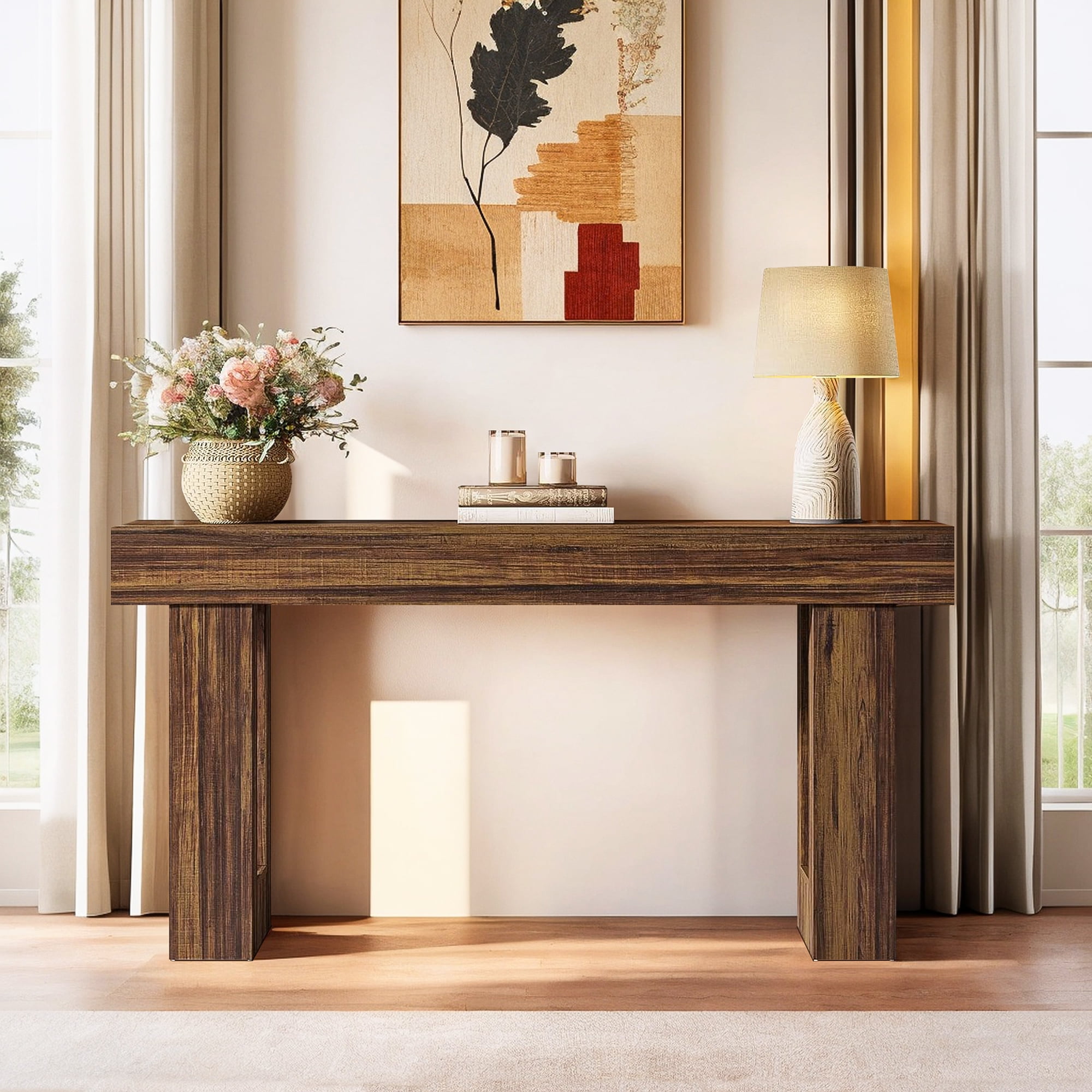 Demi Bonn 63" Farmhouse Console Table, Modern Living Room Sofa Table, Contemporary Entryway Hall Table, Foyer Display Table, Rustic Brown