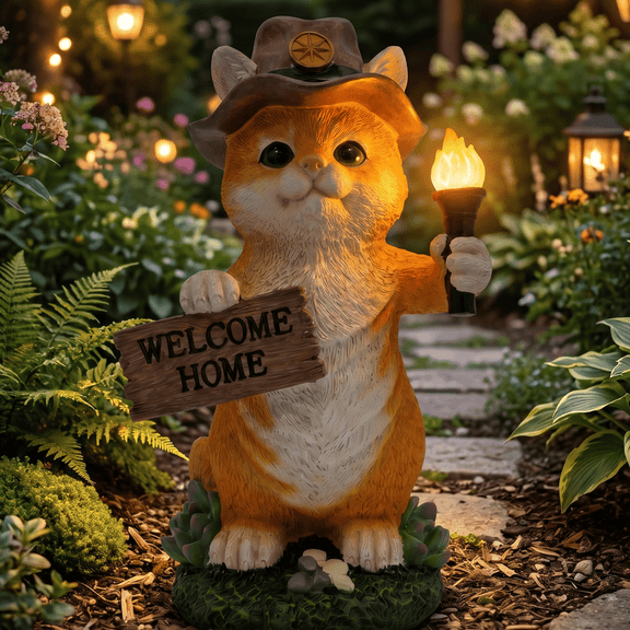 Lumiartisan Solar Cat Statue Welcome Home Sign Resin Decor 10.2 inch