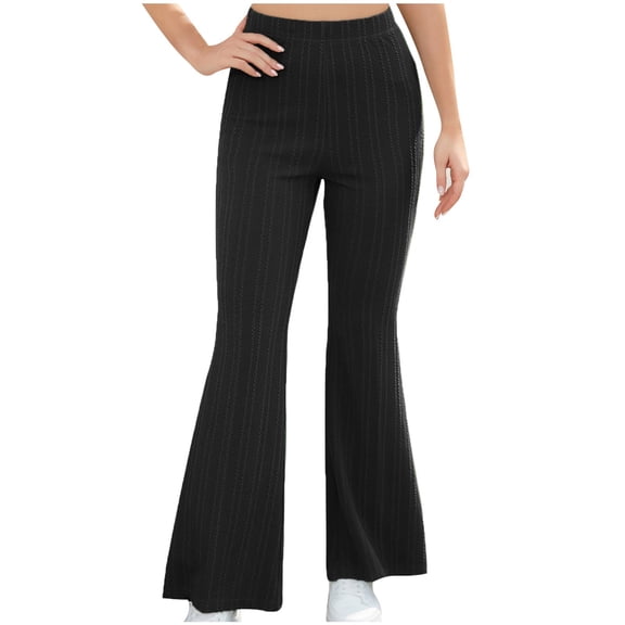 XFLWAM Women's Elastic High Waist Flared Bell Bottom Ribbed Knit Yoga Pants L