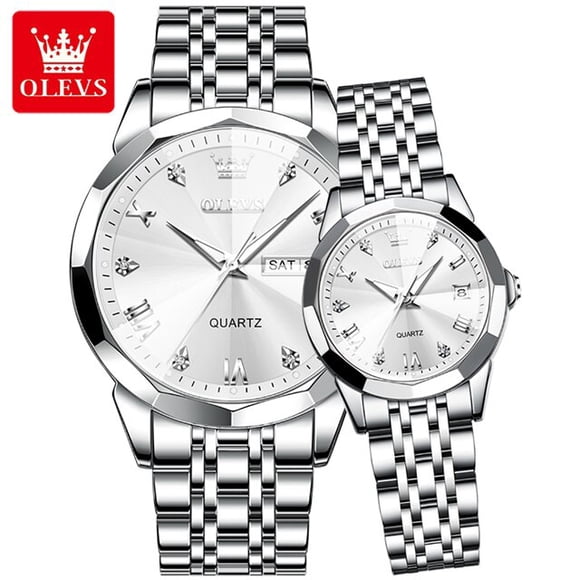 OLEVS Couple Watch Set for His Hers Quartz Wristwatch Men Women Solid Stainless Steel Strap Rhombus Design Lover's Watch Gifts