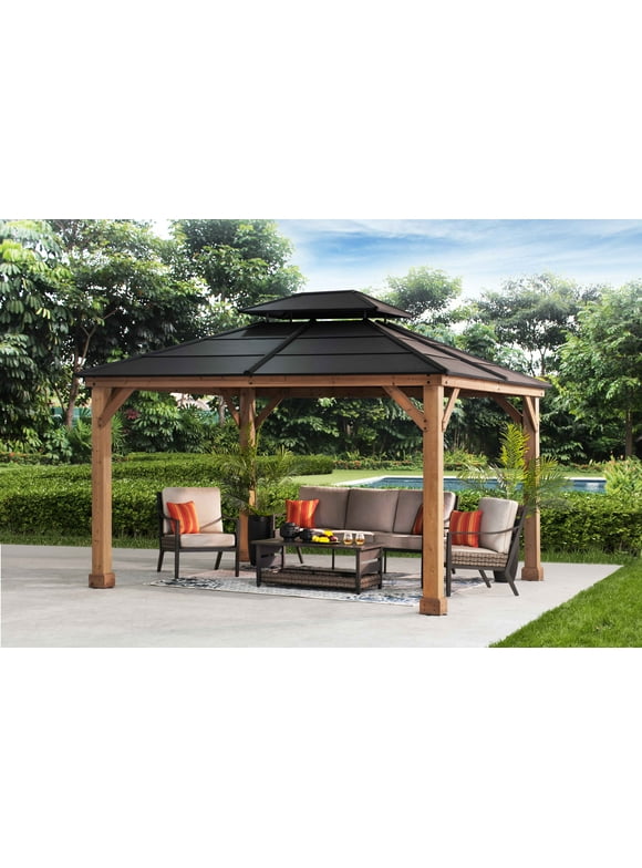Sunjoy 11x13x10 Hard Top Patio/Outdoor 2-Tier Steel Roof Cedar Gazebo