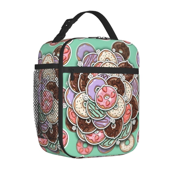 Donut Lunch Bag Insulated Reusable Cooler Tote Portable Meal Prep Bag Side Mesh Pocket Work Office Picnic Travel Daily Use Lightweight Zippered Organizer