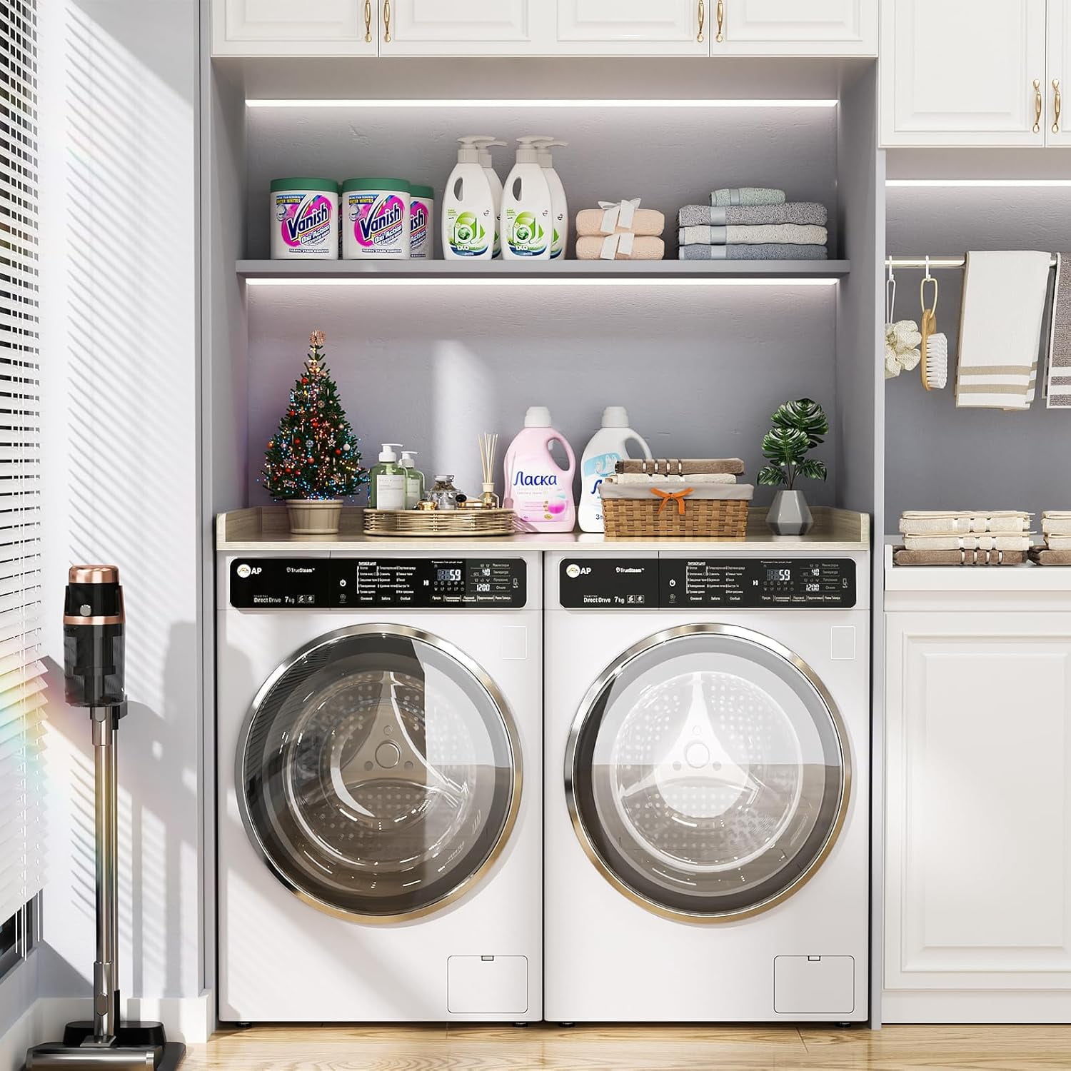 Homieasy Washer and Dryer Countertop, Laundry Room Organization with Non-Slip Pads, Wood Shelf Topper with Round Corner Edge Rails, Laundry Folding Organizer for Laundry, White Oak