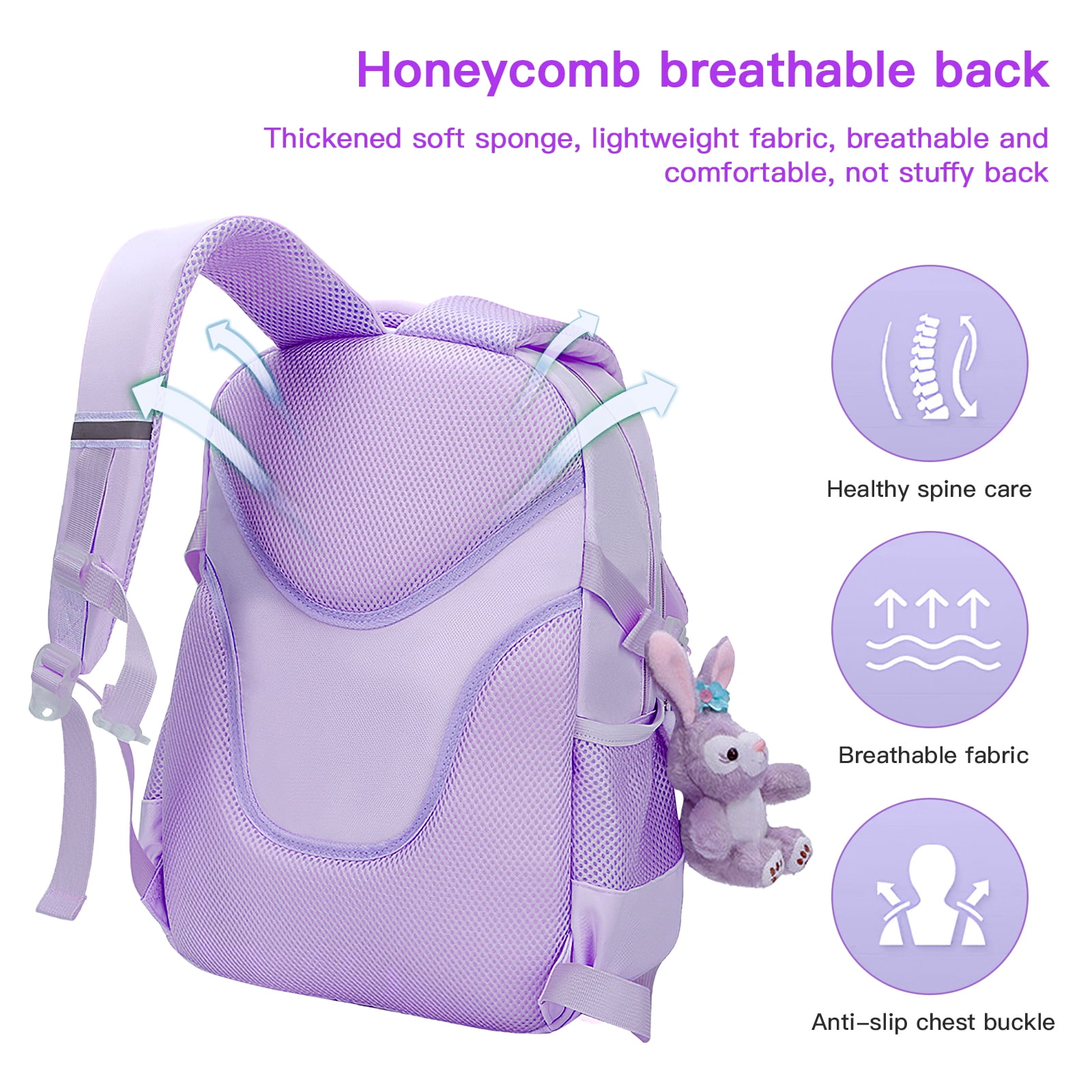 Kadyn Travel Backpacks, Cute Bookbag for Teen, Multifunctional School Durable Schoolbag with Lina Bell, 3 Decorative Cards and Lunch Bag, Purple